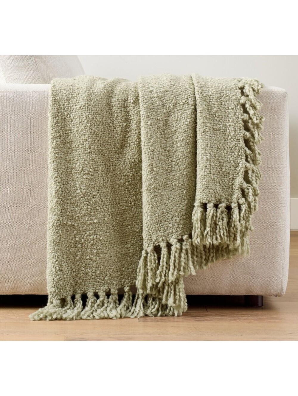 Pottery Barn Dreamy Handwoven Fringe Throw In Tea Green 50" x 60"